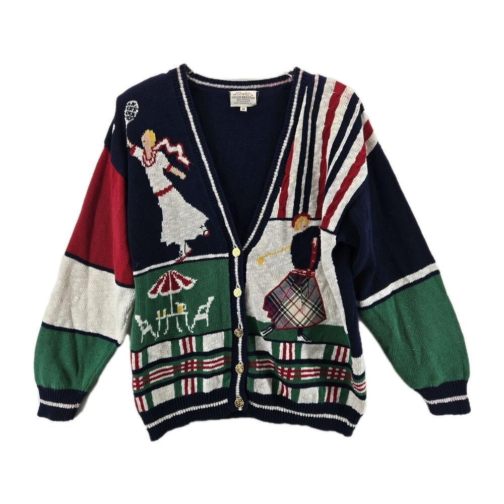 Vintage Susan Bristol Tennis‎ Golf Country Club Cardigan Sweater Medium Flawed